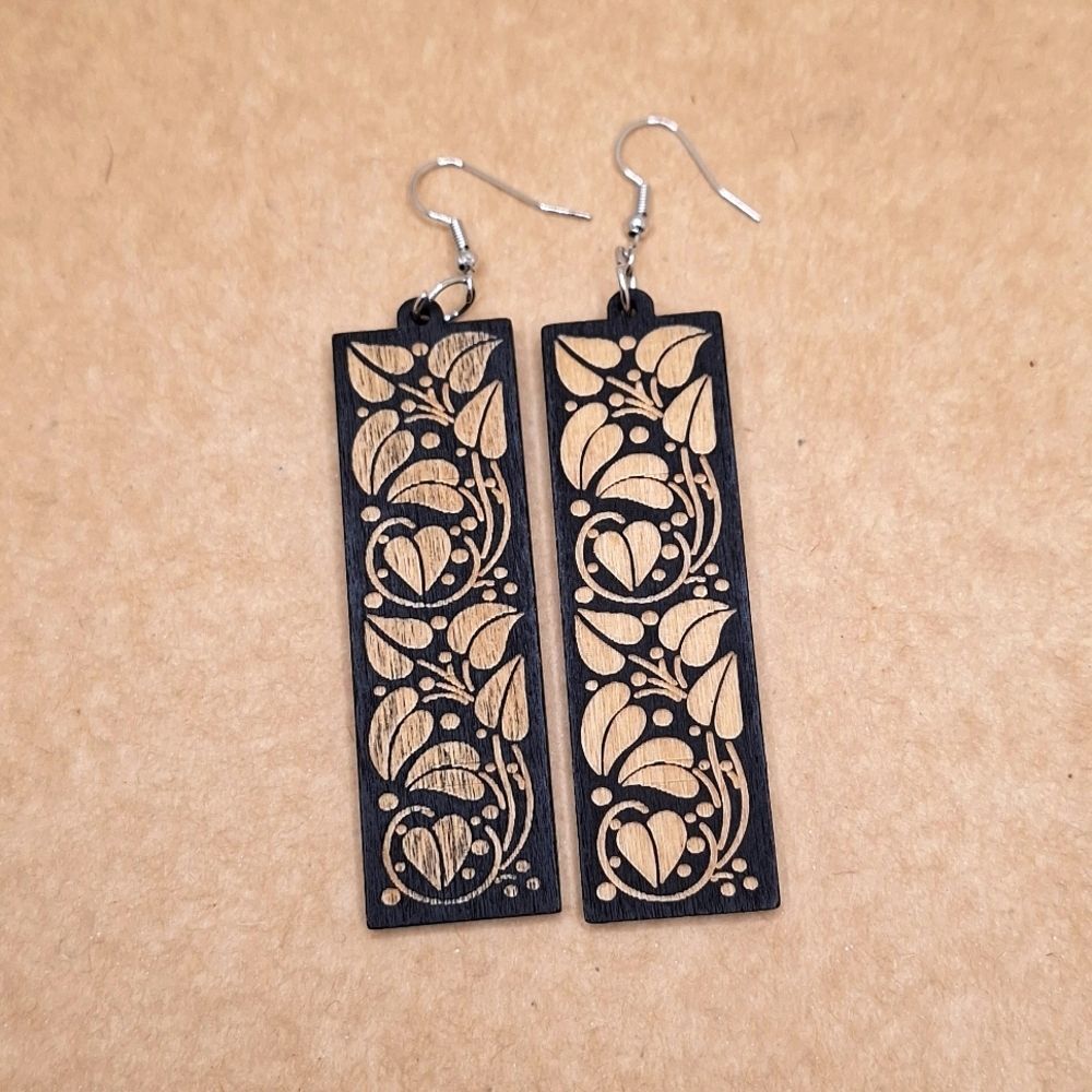 Plant leaf engraved earrings rectangle long wood lightweight earrings